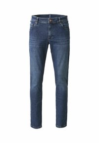 Donkerblauwe denim jeans met een slim fit, vijf zakken, een sluiting met een knoop en ritssluiting aan de voorkant en subtiele wassingdetails.