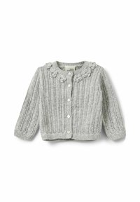 Harmaa neulecardigan, jossa on ribbikuvio, koristeelliset kukkaaksentit kauluksessa ja viisi valkoista nappia edessä.