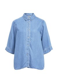 Chemise en jean bleu clair à boutons, manches courtes larges et col pointu, présentée sur un fond blanc.