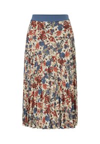 Jupe midi plissée avec motif floral rouge, bleu et beige et une ceinture bleue unie.