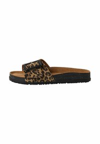 Luipaardprint slipper sandaal met een brede band en een zwarte gespsluiting. Korken voetbed met een gestructureerde afwerking, zwarte rubberen zool met grip.
