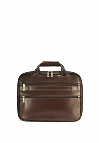 Brązowa skórzana torba na laptopa z podwójnymi górnymi uchwytami, wieloma zamykanymi na suwak przegródkami i subtelnym przeszyciem. Gładka faktura, prostokątny kształt.
