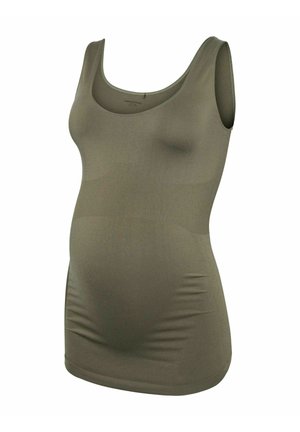Zwangerschapstanktop in olijfgroen, met geribbelde textuur, mouwloos met een ronde hals en elastische stof om een groeiende buik te ondersteunen.