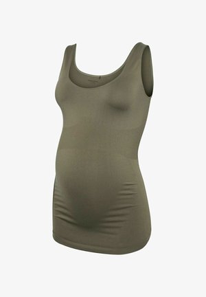 Zwangerschapstanktop in olijfgroen, met geribbelde textuur, mouwloos met een ronde hals en elastische stof om een groeiende buik te ondersteunen.