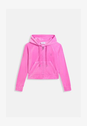 Růžová mikina s kapucí na zip z velurové látky, s přední kapsou, stahovací kapucí a malým vyšitým logem na hrudi.