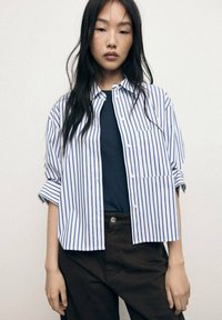 Striped button-up shirt in blue and white, with a loose fit, rolled sleeves, and a pocket. Worn over a dark-colored top and brown trousers.