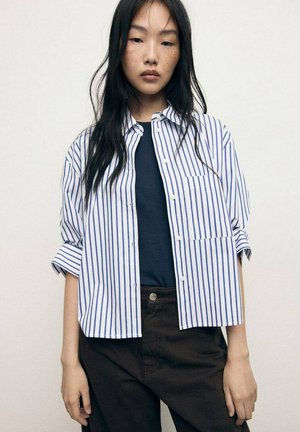 Striped button-up shirt in blue and white, with a loose fit, rolled sleeves, and a pocket. Worn over a dark-colored top and brown trousers.
