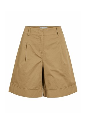 Højtaljede, beige knælange shorts med bæltestropper, forreste læg, opsmøgede kanter og en skjult frontlukning.