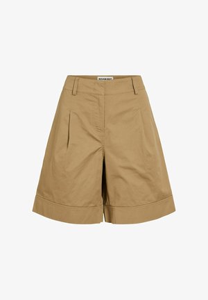 Vysoký pás, béžové kraťasy po kolená s pútkami na opasok, prednými záhybmi, ohrnutými lemami a skrytým predným zapínaním.