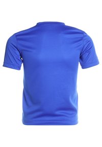 Plain royal blue short-sleeve sports shirt shown from the back with a round neckline and no visible logos or designs.