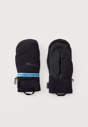 Paire de moufles d'hiver noires avec une étiquette Gore-Tex, l'une montrant le dos avec une poche zippée et l'autre la paume rembourrée.