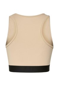 Sutien sport bej cu o bandă elastică neagră. Are un decolteu rotund și bretele largi de tip top. Material neted cu detalii de cusătură.