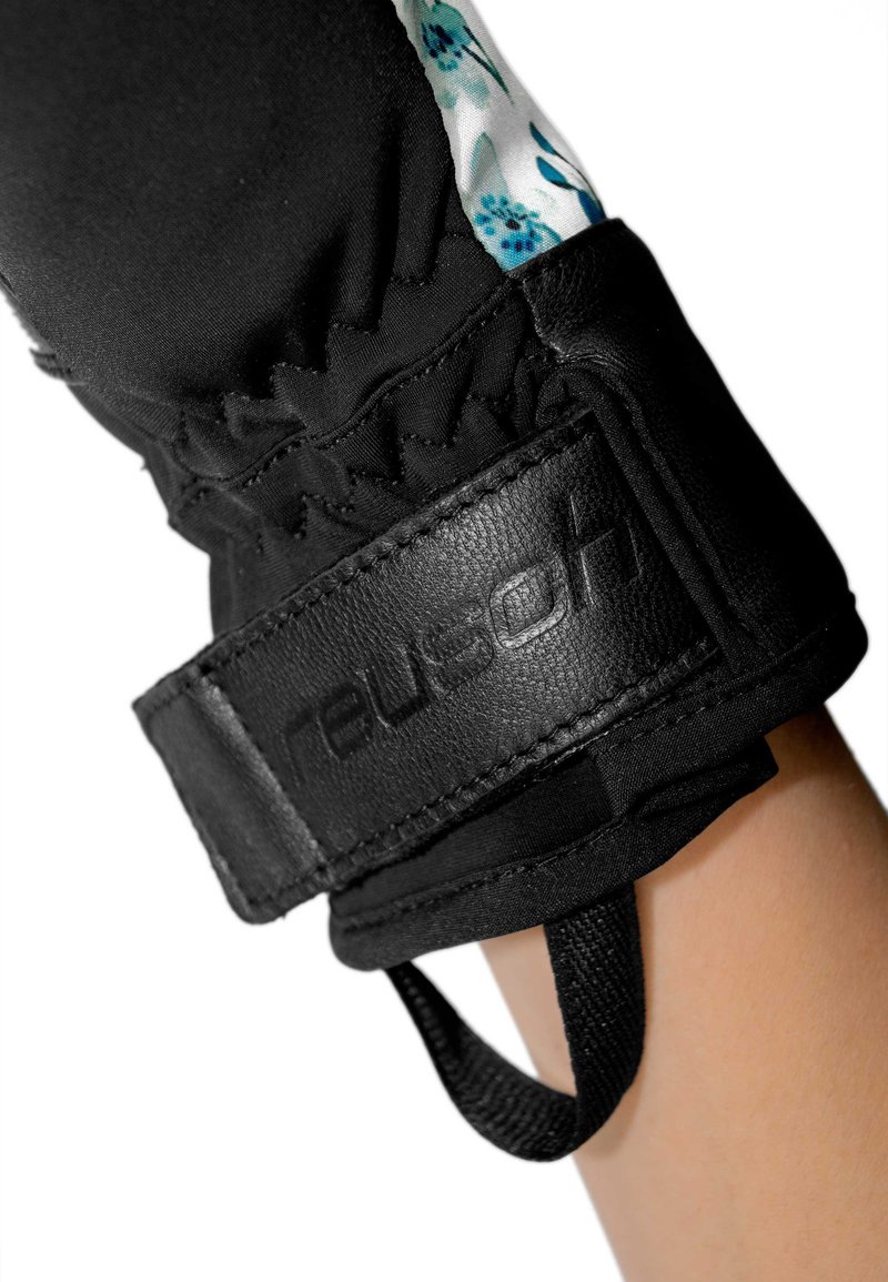 Schwarze Lederhandschuhe mit floral gemustertem Innenfutter. Verfügt über ein gerafftes Handgelenk, einen verstellbaren Riemen und strukturierte Oberflächen für besseren Halt.