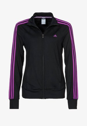 Sort Adidas lynlåstrøje med pink striber langs ærmerne og pink Adidas-logo på brystet, med høj krave og forlommer.