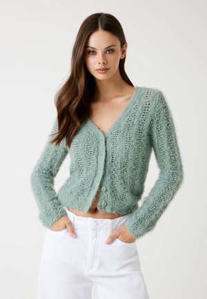 Cardigan verde chiaro e morbido con scollatura a V, texture a coste e chiusura con bottoni. Lunghezza corta, maniche lunghe e un aspetto soffice.