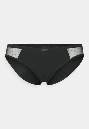 Black cotton brief with a smooth texture, featuring shiny metallic accents on the sides with a dotted pattern, and a scalloped waistband.