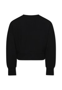 Sweat-shirt noir court avec des manches longues, des poignets côtelés et un col rond. Fabriqué en tissu doux, avec une texture unie, sans motifs.