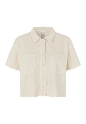Camicia a maniche corte con colletto in tessuto beige chiaro; presenta due tasche sul petto e chiusura frontale con bottoni.