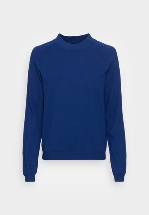 Pull bleu à manches longues avec poignets côtelés et col rond, présenté à plat sur un fond gris clair.
