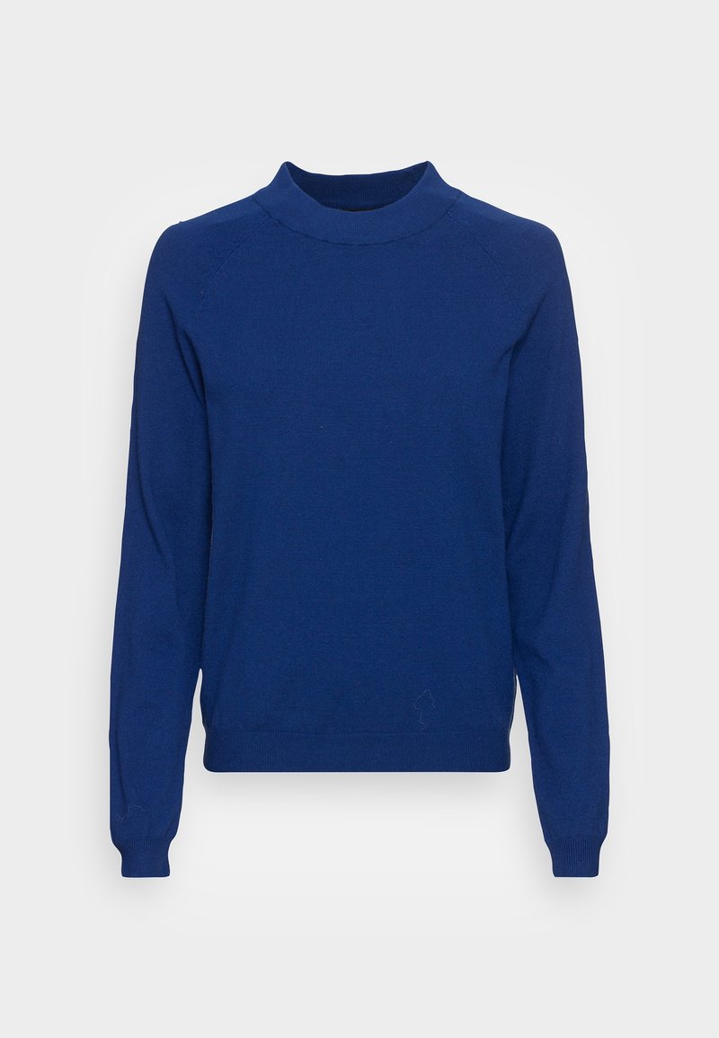 Pull bleu à manches longues avec poignets côtelés et col rond, présenté à plat sur un fond gris clair.