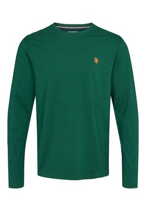 Grön långärmad T-shirt i bomull med rund hals, och en broderad logotyp i orange på vänster bröst.