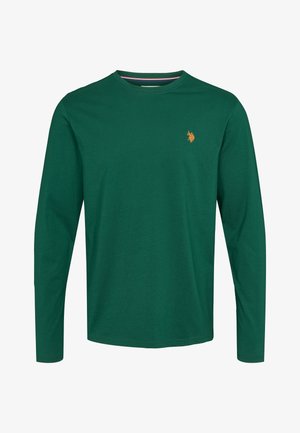 Zelené dlouhé rukávy tričko vyrobené z bavlny, s kulatým výstřihem a vyšitým logem v oranžové barvě na levé hrudi.