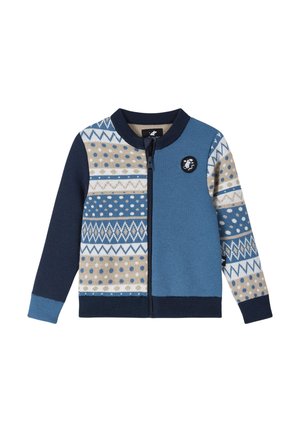 Dziecięcy sweter na zamek z blokami kolorów granatowego, niebieskiego, beżowego i białego, wzorami geometrycznymi i w kropki oraz okrągłym kołnierzem.