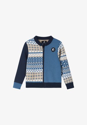 Dziecięcy sweter na zamek z blokami kolorów granatowego, niebieskiego, beżowego i białego, wzorami geometrycznymi i w kropki oraz okrągłym kołnierzem.
