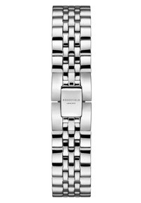 Reloj de acero inoxidable plateado con cara rectangular, diseño de pulsera eslabonada y el nombre de la marca "Rosefield" en la esfera.
