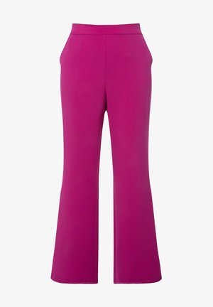 Fuchsia flared trousers with a smooth texture, high waist, and side pockets. The fabric appears lightweight and drapes fluidly.
