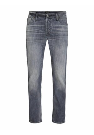 Jean en denim gris foncé avec une finition légèrement délavée, design à jambes droites, style à cinq poches et fermeture à bouton. Tissu durable.