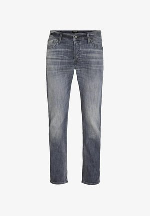 Dark gray denim jeans with a slightly faded finish, straight leg design, five-pocket style, and button closure. Durable fabric texture.