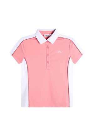 Kortärmelig roze poloshirt met witte kraag en witte zijkanten, met een klein wit logo op de linkerborst.