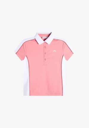 Short-sleeve pink polo shirt with white collar and white side panels, featuring a small white logo on the left chest.