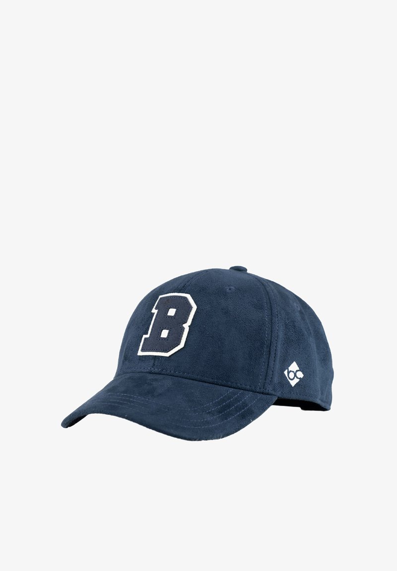 Navy blue baseball cap with a large white-edged letter "B" on the front and a small white logo on the side.