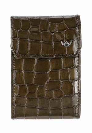 Dark brown crocodile-textured leather wallet with flap closure and small silver logo on the top right corner.