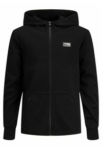 Svart hoodie med hel dragkedja, framfickor, långa ärmar, infälld huva och liten rektangulär logotyp på vänster bröst.