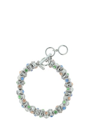 Silver bracelet featuring multicolored stones in blue, green, and orange. Distinct textured links and a secure clasp with rings.
