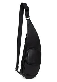 Borsa a tracolla in pelle nera con un design elegante e curvo. Presenta una tasca frontale con zip e una tracolla regolabile per la versatilità.