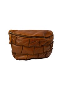 Pochette in pelle marrone con texture intrecciata, dotata di chiusura con zip e forma arrotondata, adatta per riporre piccoli oggetti.
