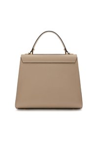 Beige Lederhandtasche mit strukturiertem Design, oberen Griff und Klappenverschluss. Verfügt über eine glatte Textur und dezente abgestimmte Nähte an den Kanten.