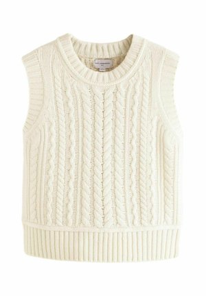 Pulover fără mâneci din lână de miel, de culoare ivoriu, cu un design texturat cu împletituri, având guler rotund și tiv cu elastic.
