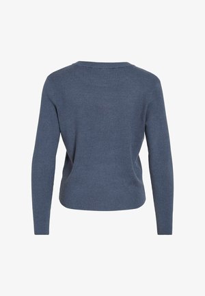 Mėlynas juostuotas megztinis su ilgomis rankovėmis ir apvalia iškirpte, turintis prigludusią liemenį ir glotnų paviršių. Rodyti atbulinį vaizdą.