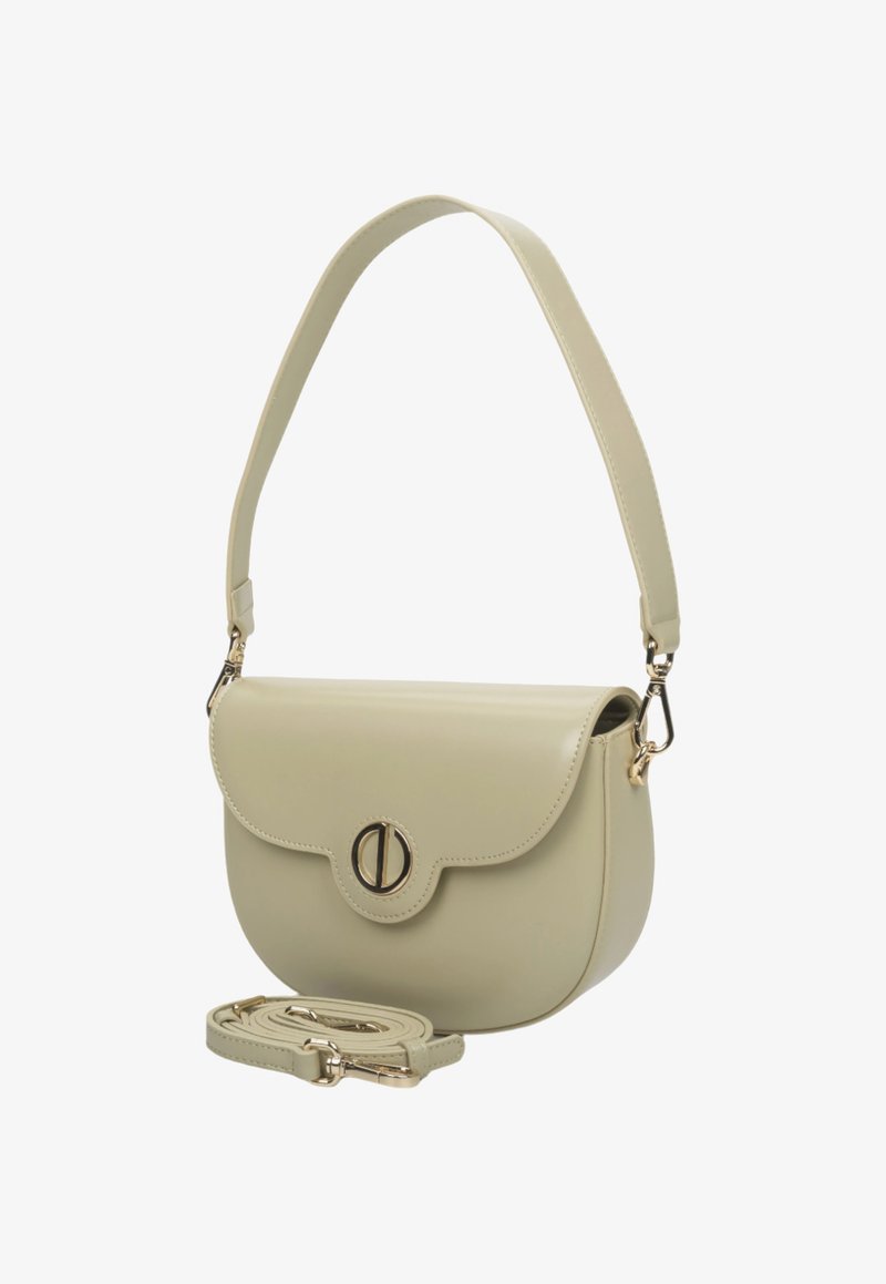 Lichtgroene leren handtas met een ronde vorm, klep-sluiting en een gouden ronde hardware-detail. Inclusief een afneembare schouderriem.