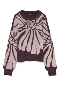 Gebreide trui met een ronde hals, voorzien van contrasterende bloemenpatronen in crème en donker bordeauxrood. Gelaagd stof, cropped ontwerp.
