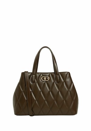 Borsa a tracolla marrone trapuntata con motivi a rombi, doppi manici e una tracolla staccabile con dettagli in metallo dorato.