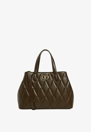 Borsa a tracolla marrone trapuntata con motivi a rombi, doppi manici e una tracolla staccabile con dettagli in metallo dorato.