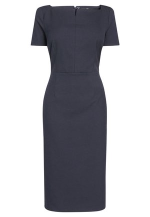 Robe gris foncé près du corps longueur genou avec manches courtes et encolure haute et droite avec une petite fermeture à bouton.