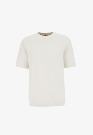 Vaaleanbeige lyhythihainen neulepaita, joka on valmistettu sileästä neulosmateriaalista. Puserossa on pyöreä kaula-aukko ja ribbireunat, sekä hienovarainen rakenne kauttaaltaan.