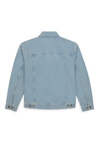 Ljusblå denimjacka med krage, långa ärmar och knäppte manschetter. Har ryggsöm och sömdetaljer.